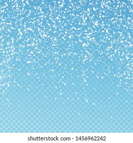 Random white dots Christmas background. Subtle flying snow flakes and stars on blue transparent background. Bizarre winter silver snowflake overlay template. Creative vector illustration.