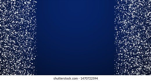 Random white dots Christmas background. Subtle flying snow flakes and stars on dark blue night background. Appealing winter silver snowflake overlay template. Eminent vector illustration.