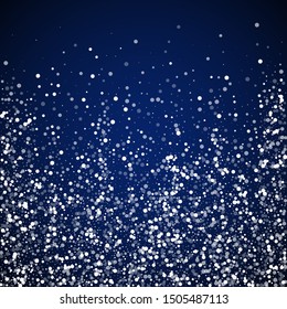 Random white dots Christmas background. Subtle flying snow flakes and stars on dark blue night background. Adorable winter silver snowflake overlay template. Awesome vector illustration.