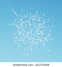 Random white dots Christmas background. Subtle flying snow flakes and stars on blue transparent background. Bewitching winter silver snowflake overlay template. Memorable vector illustration.