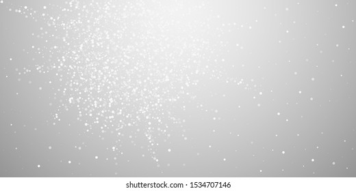 Random white dots Christmas background. Subtle flying snow flakes and stars on light grey background. Attractive winter silver snowflake overlay template.  