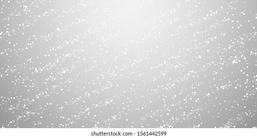 Random white dots Christmas background. Subtle flying snow flakes and stars on light grey background. Awesome winter silver snowflake overlay template. Attractive vector illustration.
