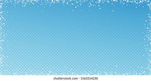 Random white dots Christmas background. Subtle flying snow flakes and stars on blue transparent background. Beauteous winter silver snowflake overlay template. Actual vector illustration.
