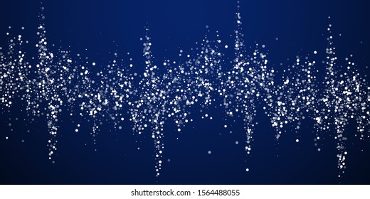 Random white dots Christmas background. Subtle flying snow flakes and stars on dark blue night background. Attractive winter silver snowflake overlay template. Original vector illustration.