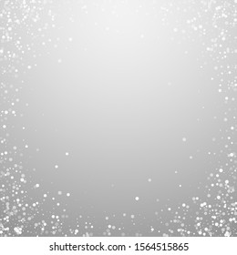 Random white dots Christmas background. Subtle flying snow flakes and stars on light grey background. Amusing winter silver snowflake overlay template. Indelible vector illustration.