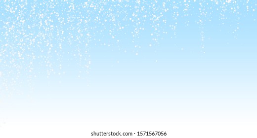 Random white dots Christmas background. Subtle flying snow flakes and stars on winter sky background. Authentic winter silver snowflake overlay template. Stunning vector illustration.