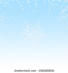 Random white dots Christmas background. Subtle flying snow flakes and stars on winter sky background. Authentic winter silver snowflake overlay template. Fine vector illustration.