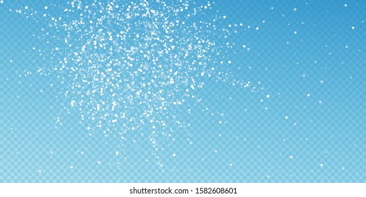 Random white dots Christmas background. Subtle flying snow flakes and stars on transparent blue background. Actual winter silver snowflake overlay template. Attractive vector illustration.