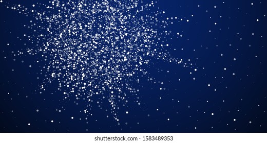 Random white dots Christmas background. Subtle flying snow flakes and stars on dark blue night background. Attractive winter silver snowflake overlay template. Adorable vector illustration.