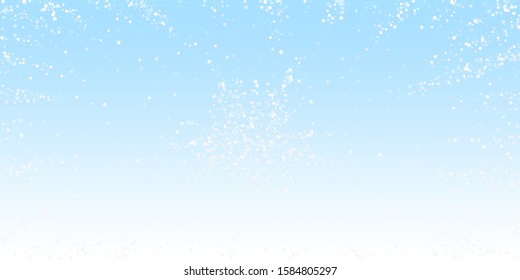 Random white dots Christmas background. Subtle flying snow flakes and stars on winter sky background. Artistic winter silver snowflake overlay template. Bewitching vector illustration.