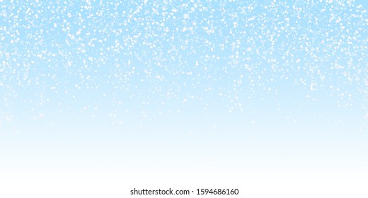 Random white dots Christmas background. Subtle flying snow flakes and stars on winter sky background. Attractive winter silver snowflake overlay template. Cute vector illustration.