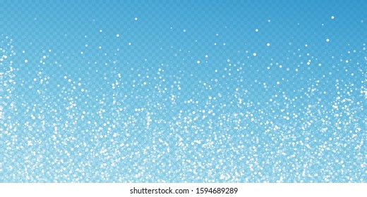 Random white dots Christmas background. Subtle flying snow flakes and stars on transparent blue background. Admirable winter silver snowflake overlay template. Attractive vector illustration.