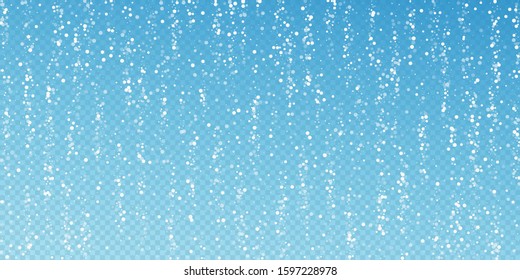 Random white dots Christmas background. Subtle flying snow flakes and stars on transparent blue background. Admirable winter silver snowflake overlay template. Likable vector illustration.