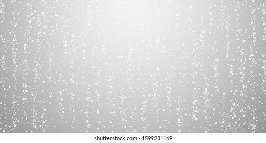 Random white dots Christmas background. Subtle flying snow flakes and stars on light grey background. Awesome winter silver snowflake overlay template. Eminent vector illustration.