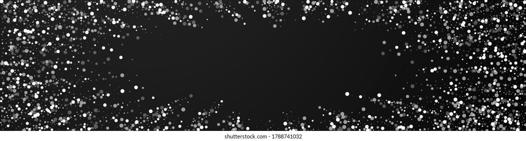 Random white dots Christmas background. Subtle flying snow flakes and stars on black background. Captivating winter silver snowflake overlay template. Gorgeous panoramic illustration.