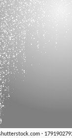 Random white dots Christmas background. Subtle flying snow flakes and stars on grey background. Alive winter silver snowflake overlay template. Modern vertical illustration.