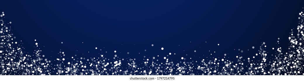 Random white dots Christmas background. Subtle flying snow flakes and stars on dark blue background. Bold winter silver snowflake overlay template. Surprising panoramic illustration.