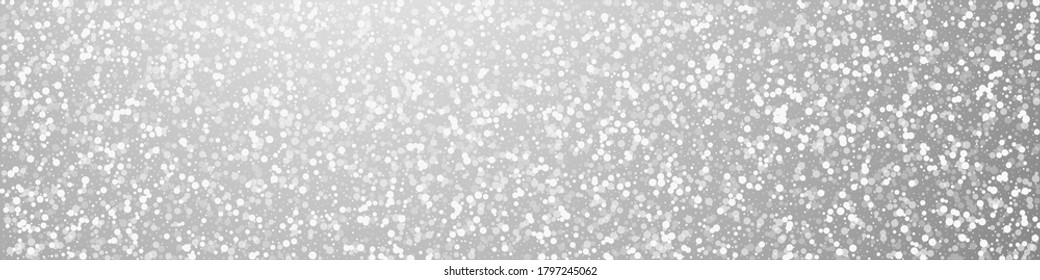 Random white dots Christmas background. Subtle flying snow flakes and stars on grey background. Bizarre winter silver snowflake overlay template. Exquisite panoramic illustration.