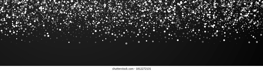 Random white dots Christmas background. Subtle flying snow flakes and stars on black background. Brilliant winter silver snowflake overlay template. Fascinating panoramic illustration.