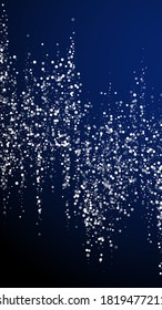 Random white dots Christmas background. Subtle flying snow flakes and stars on dark blue background. Alive winter silver snowflake overlay template. Stunning vertical illustration.