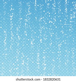 Random white dots Christmas background. Subtle flying snow flakes and stars on blue transparent background. Alive winter silver snowflake overlay template. Fabulous vector illustration.