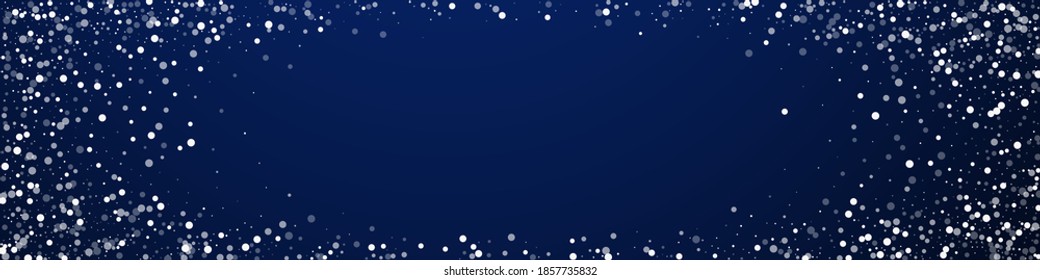 Random white dots Christmas background. Subtle flying snow flakes and stars on dark blue background. Captivating winter silver snowflake overlay template. Amazing panoramic illustration.