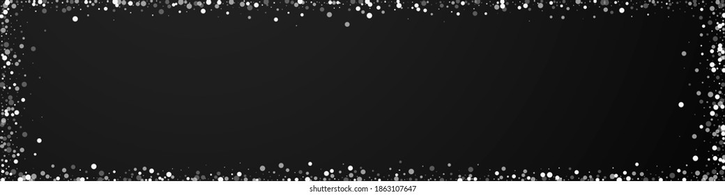 Random white dots Christmas background. Subtle flying snow flakes and stars on black background. Brilliant winter silver snowflake overlay template. Comely panoramic illustration.