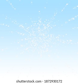 Random white dots Christmas background. Subtle flying snow flakes and stars on winter sky background. Authentic winter silver snowflake overlay template. Positive vector illustration.