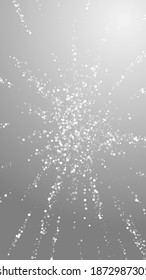 Random white dots Christmas background. Subtle flying snow flakes and stars on grey background. Alive winter silver snowflake overlay template. Fine vertical illustration.