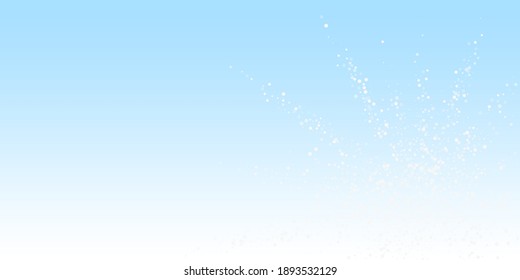 Random white dots Christmas background. Subtle flying snow flakes and stars on winter sky background. Artistic winter silver snowflake overlay template. Trending vector illustration.