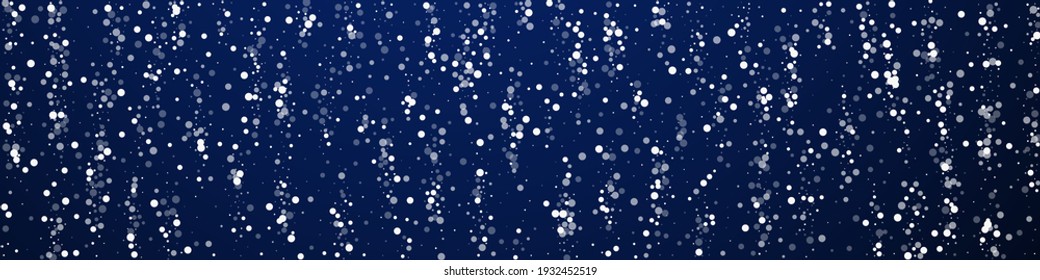 Random white dots Christmas background. Subtle flying snow flakes and stars on dark blue background. Bold winter silver snowflake overlay template. Noteworthy panoramic illustration.