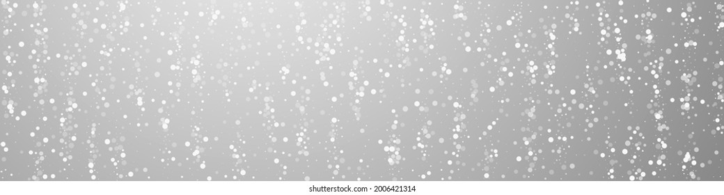 Random white dots Christmas background. Subtle flying snow flakes and stars on grey background. Bold winter silver snowflake overlay template. Optimal panoramic illustration.