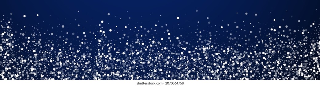 Random white dots Christmas background. Subtle flying snow flakes and stars on dark blue background. Breathtaking winter silver snowflake overlay template. Energetic panoramic illustration.