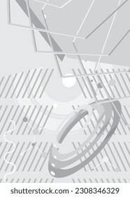 Random White, Gray colored geometrical graphic minimal background. Geometric retro theme poster banner. Vintage abstract shapes template for cover design.