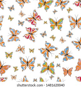 Random white, gray and orange butterflies cute pattern. Seamless. Simple feminine pattern for invitation, card, print. Vector illustration. Butterfly on white, gray and orange background.