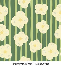 Random white scandinavian naive flowers seamless pattern. Pale green striped background. Simple style. Great for fabric design, textile print, wrapping, cover. Vector illustration.