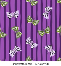 Random wildlife seamless pattern with random geometric butterfly print. Purple striped background. Perfect for fabric design, textile print, wrapping, cover. Vector illustration.