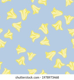 Random yellow campanula wildflower shapes seamless nature pattern. Pastel blue background. Vector illustration for seasonal textile prints, fabric, banners, backdrops and wallpapers.