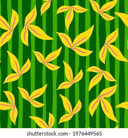 Random yellow simple leaf ornament seamless pattern. Green striped background. Doodle style. Perfect for fabric design, textile print, wrapping, cover. Vector illustration.