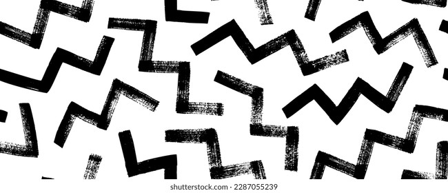 Random zigzag lines seamless pattern. Geometric banner with thick zig zag brush strokes. Abstract black on white geometric vector ornament. Thick triangular grunge strokes.