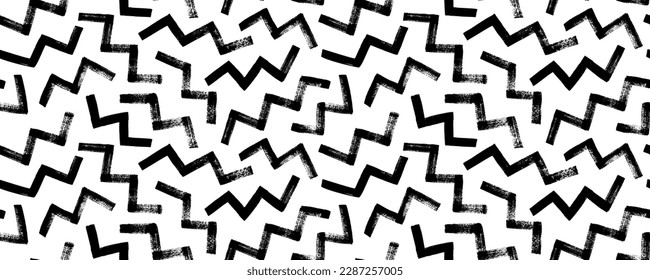 Random zigzag lines seamless pattern. Geometric banner with thick zig zag brush strokes. Abstract black on white geometric vector ornament. Thick triangular grunge strokes.