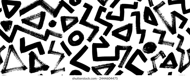 Random zigzag lines seamless pattern. Geometric banner with thick zig zag brush strokes. Abstract black on white geometric vector ornament. Thick triangular grunge strokes.