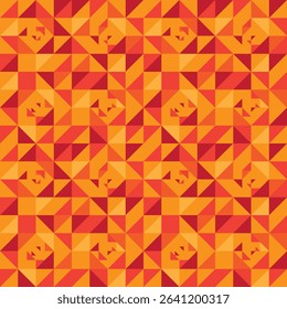 Randomized triangle sizes in a unique geometric pattern scheme. Seamless print. Vector illustration. Background and wallpaper. Sequences of triangle rotations in red, orange, and yellow. EPS 10.