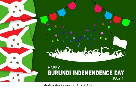 Randomly arranged Burundian flag on the left and colorful flags with silhouettes of Burundi people celebrating Burundi Independence July 1
