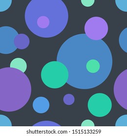 Randomly arranged colored circles on a dark blue background. Seamless pattern of blue, blue and turquoise circles. Decorative pattern. Art can be used for brochure, flyers, packing, cover design