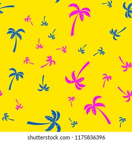 Randomly arranged Pink and Blue palms on Yellow background. Seamless texture pattern.