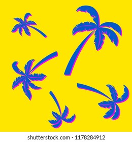 Randomly arranged Pink and Blue palms on Yellow background. Texture pattern.