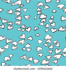 Randomly arranged white hearts with a black outline on a blue background. Seamless romantic illustration, pattern for greeting cards, gift paper,wallpaper, valentines until St. Valentine's Day.Vector