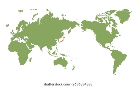 A randomly drawn green world map with only Japan in red