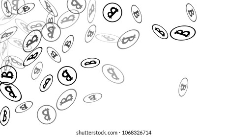 Randomly Fall Bitcoins. Bitcoin Icon Abstract Background. Cryptocurrency Background. Digital Payment money.  Prize or Jackpot Concept.
 Blockchain technology Coin. Black and White Vector Illustration.